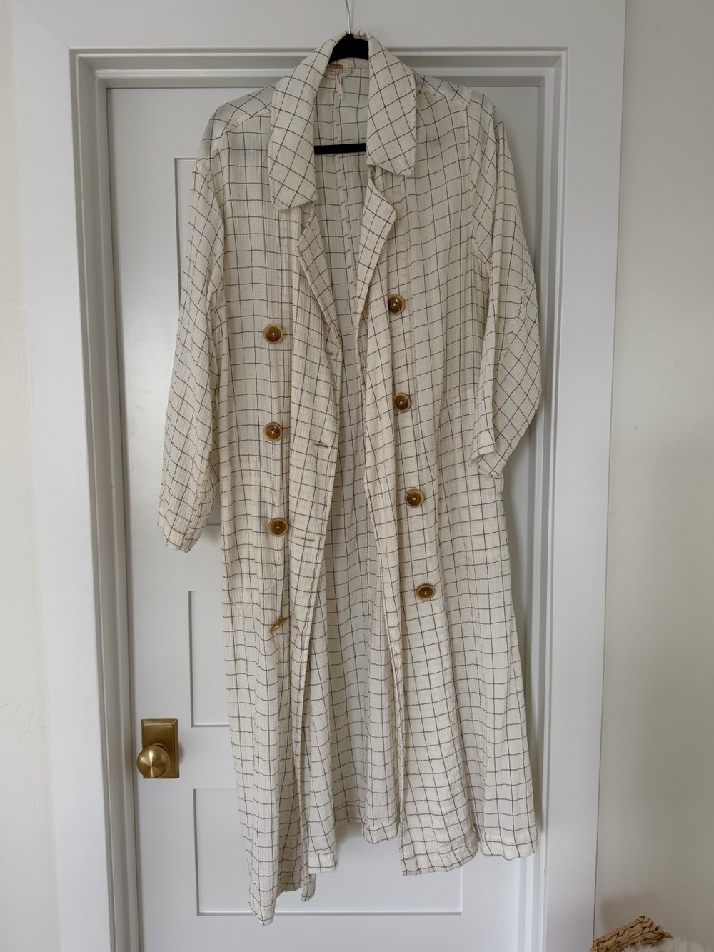 Free People Cream Windowpane Trench with Brown Buttons - Picture 1 of 6